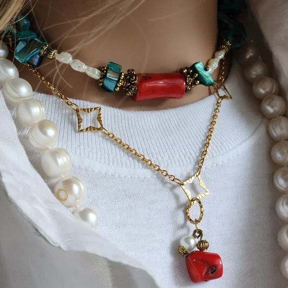 FP Ariana Ost Rare Designer Necklace Natural Coral Pearl Mother Of Pearl Stone - Picture 13 of 15